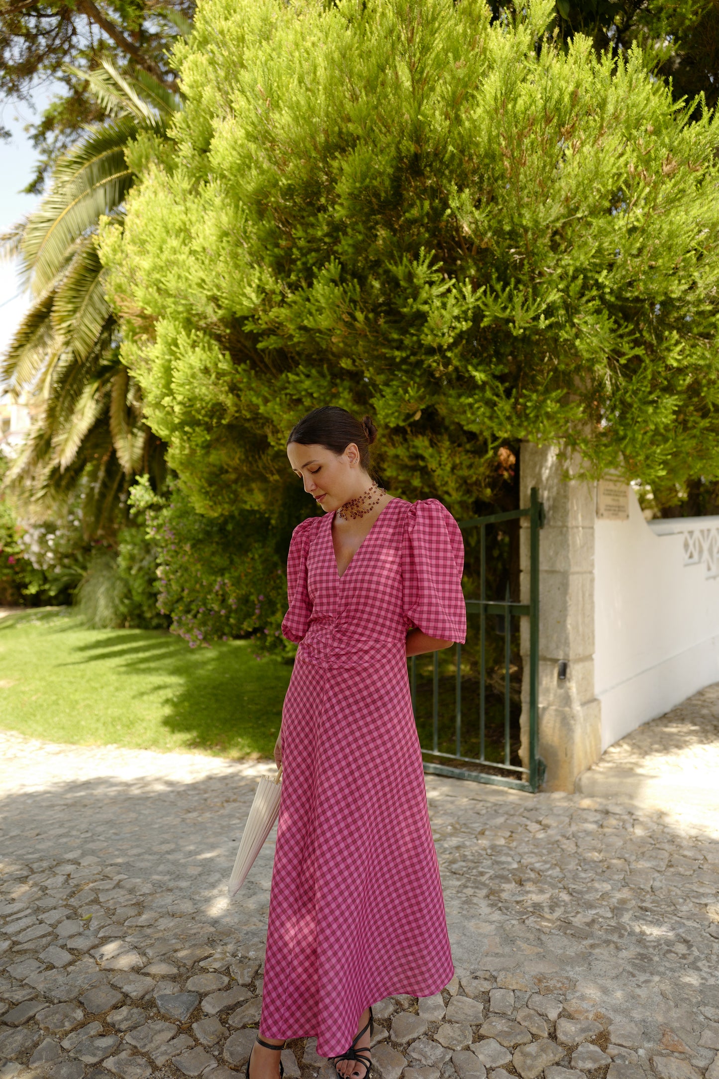 Vestido mangas vichy cor-de-rosa