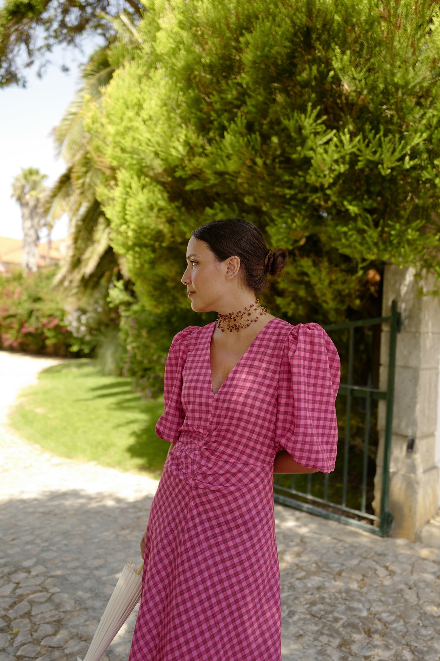 Vestido mangas vichy cor-de-rosa
