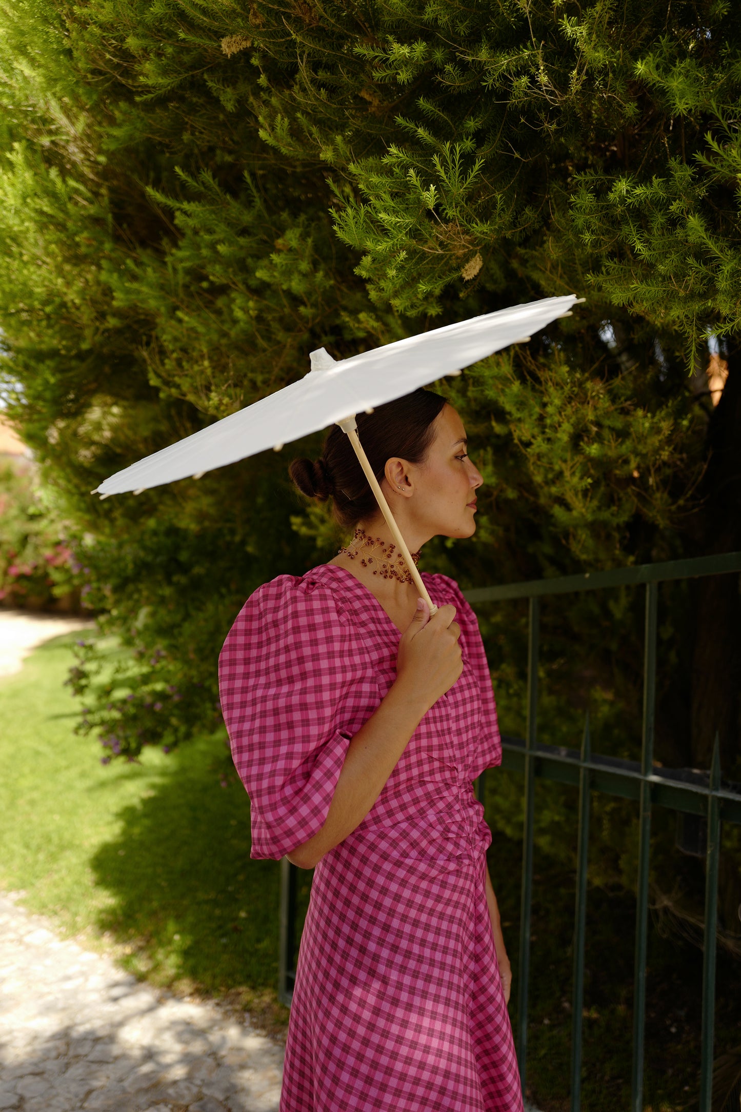 Vestido mangas vichy cor-de-rosa