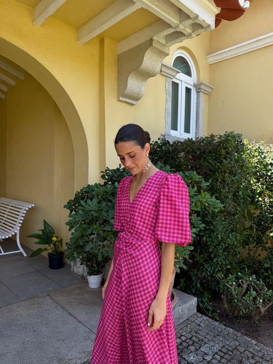 Vestido mangas vichy cor-de-rosa