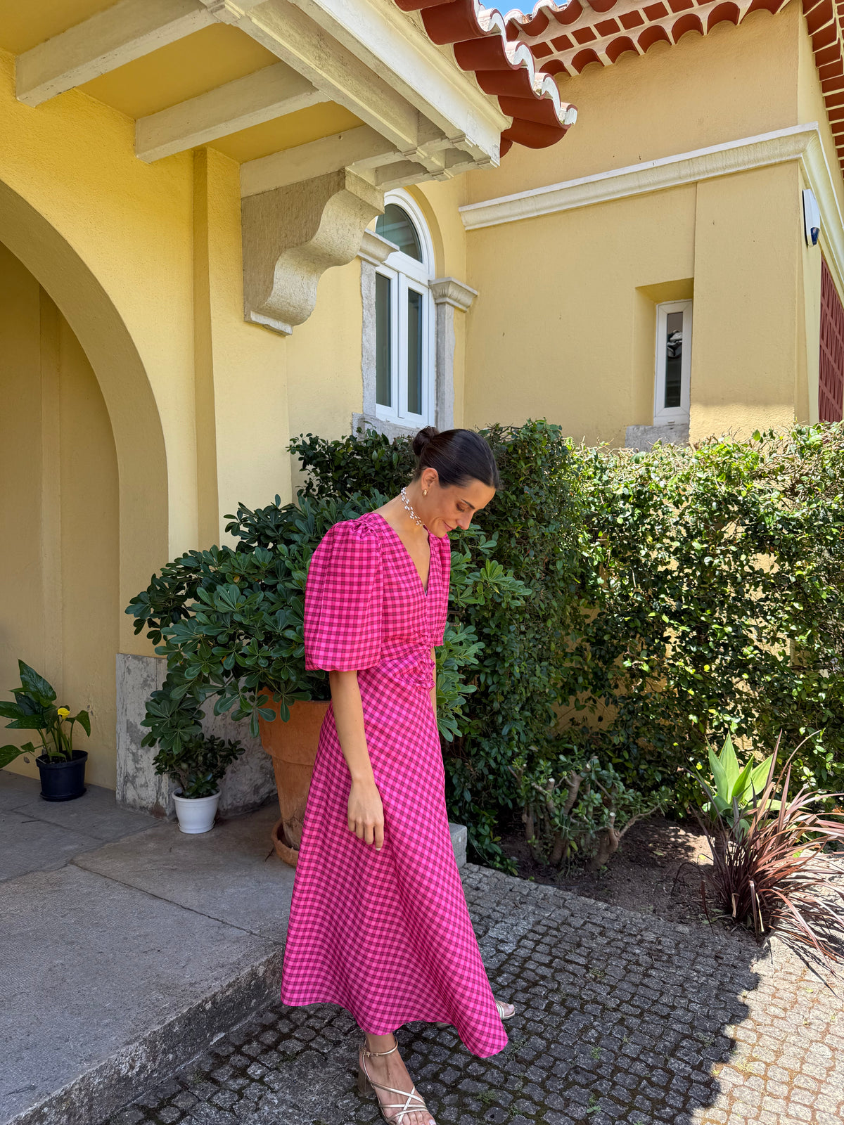 Vestido mangas vichy cor-de-rosa