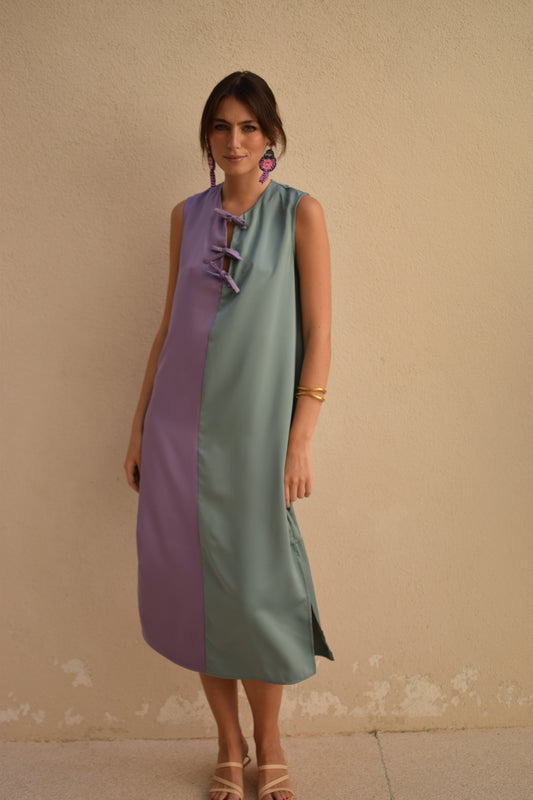 Vestido midi lilás e verde