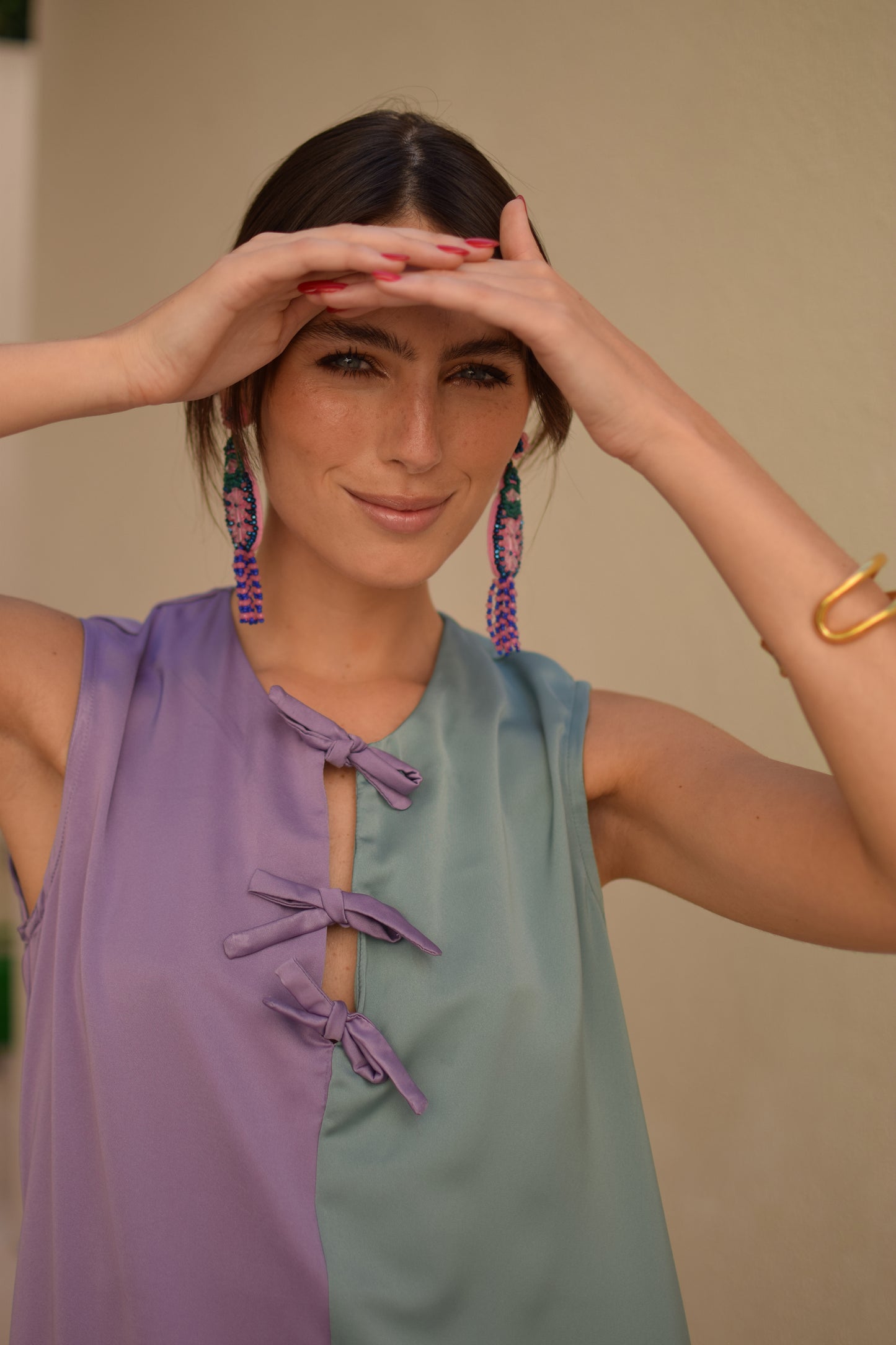 Vestido midi lilás e verde